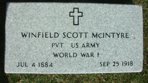 Pvt McIntyre is buried in the Prospect Hill Cemetery, Caldwell, NJ(Sec. 4, grave 20, rear row) Headstone added November 3, 2006