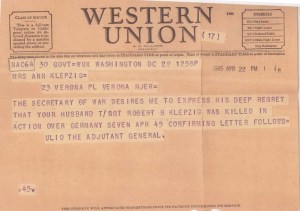 Telegram informing Mrs. Ann Klepzig of the death of her husband